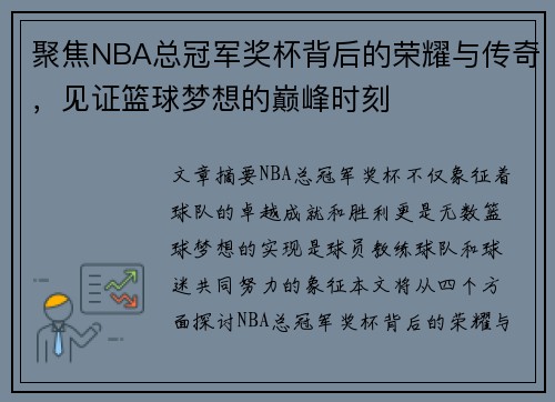 聚焦NBA总冠军奖杯背后的荣耀与传奇，见证篮球梦想的巅峰时刻
