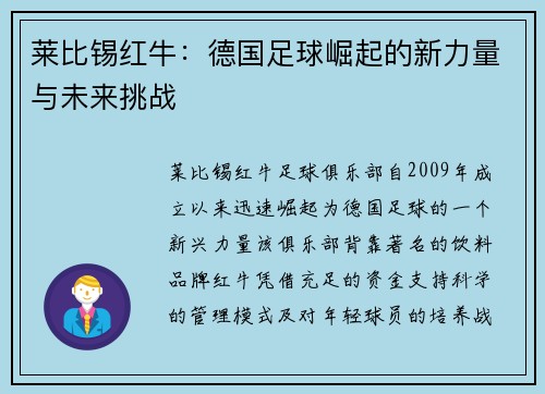 莱比锡红牛：德国足球崛起的新力量与未来挑战