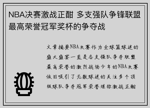 NBA决赛激战正酣 多支强队争锋联盟最高荣誉冠军奖杯的争夺战